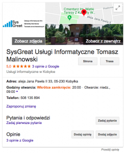 Google Moja Firma (wizytówka Google) Cena